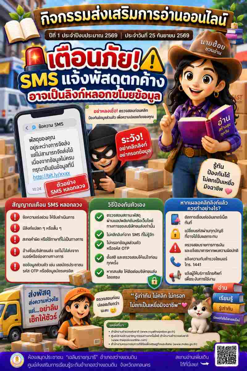 เตือนภัย! SMS แจ้งพัสดุตกค้างอาจเป็นลิงค์หลอกขโมยข้อมูล